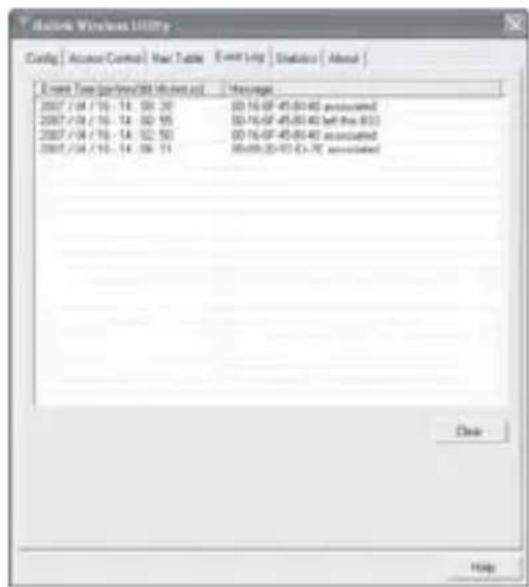 Network Wireless Utility Config | Access Control | Web Table | Event Help | Statistics | About | Event Time (part-time/84.66.mct.s) | Messages 2007/14/16-14 00:30 00:16:0F 45:00:40 associated 2007/14/16-14 00:55 00:16:0F 45:00:40 left the 9(1) 2007/14/16-14 02:50 00:16:0F 45:00:40 associated 2007/14/16-14 06:11 00:09:20+03(D-7C) associated Close Help
