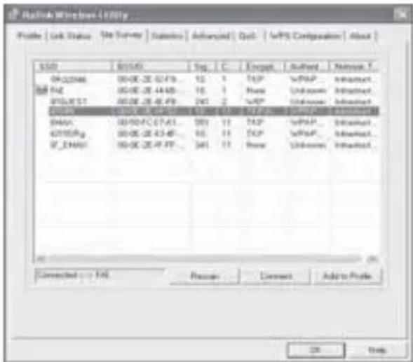 Shell Wireless Utility Profile | Link Status | Site Survey | Statistics | Advanced | Del. | wPS Configuration | About | SDD | DOSID | Seq. | C | Enport | Authorid | Network Y. OKOSING | 85-DC-26 87-49... | 15 | 1 | TGP | wPAP... | Instruct... FAT | 85-DC-26 44-48... | 16 | 1 | None | Unknown | Instruct... RIVERST | 85-DC-26 48-49... | 245 | 2 | vGP | Unknown | Instruct... EASTA | 85-DC-26 47-49... | 239 | 21 | VCP | Unknown | Instruct... EMAX | 85-DC-26 67-41... | 355 | 11 | TGP | wPAP... | Instruct... KPTOPAg | 85-DC-26 43-49... | 415 | 11 | VCP | wPAP... | Instruct... IF_EMAI | 85-DC-26 49-49... | 345 | 11 | None | Unknown | Instruct... Connected: - + FAS Presser Connect Add to Profile OK Help