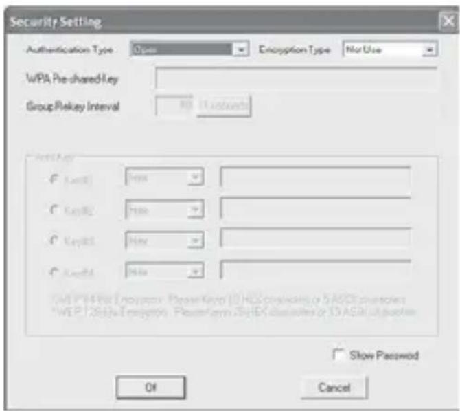 Security Setting Authentication Type: Open Encryption Type: Not Use WPA Pre-shared Key Group PreKey Interval 30 (1 second) PreKey F: None G: None C: None F: None C: None C: None C: None C: None C: None C: None C: None C: None C: None C: None C: None C: None C: None C: None C: None C: None C: None C: None C: None C: None C: None C: None C: None C: None C: None Show Password Off Cancel