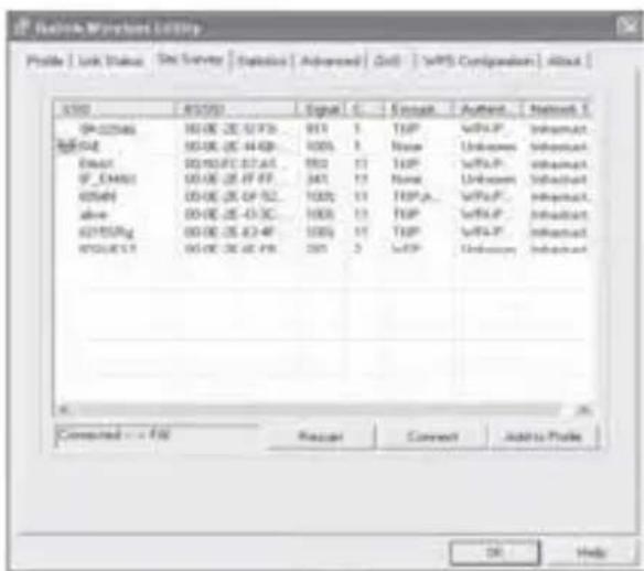 Profile | Link Status | Site Survey | Options | Advanced | Ctrl | WiFi Compaison | About | X500 85500 Enable C-Ensign Authent Network X 94-02946 95.0E-2E 5273... 913 1 TSP WiFi-P Informat 地址 95.0E-2E 4449... 100% 1 None Unknown Informat Email 95.0E-2E 57.6E... 950 11 TSP WiFi-P Informat IP_EANU 95.0E-2E 4F 4F... 341 11 None Unknown Informat 60549 95.0E-2E 4F 52... 100% 11 TSP.P... WiFi-P... Informat above 95.0E-2E 43.3C... 100% 11 TSP WiFi-P... Informat 627558g 95.0E-2E 43.4F... 100% 11 TSP WiFi-P... Informat 9703617 95.0E-2E 4E 4R... 281 2 TSP Unknown Informat Connected -- FSS Request Connect Add to Profile OK Help