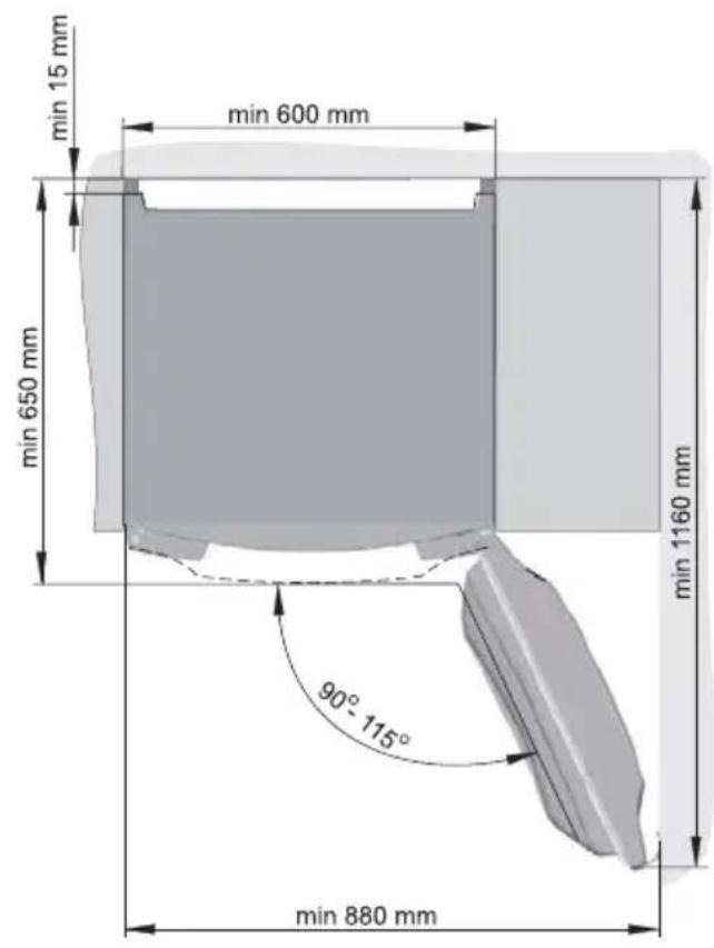 min 15 mm min 600 mm min 650 mm min 1160 mm 90° 115° min 880 mm
