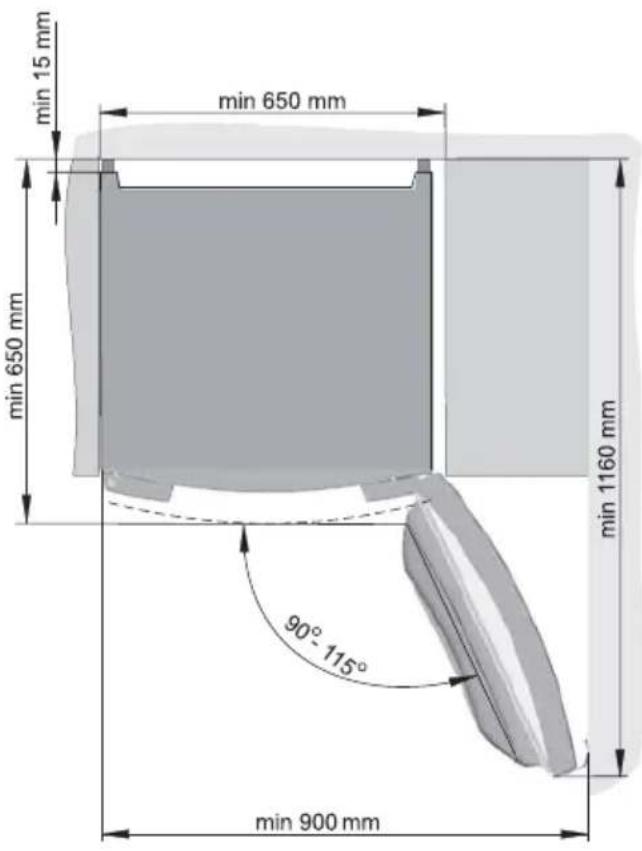 min 15 mm min 650 mm min 650 mm min 1160 mm 90° 115° min 900 mm
