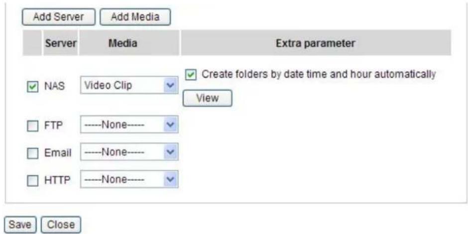 Add Server Add Media Server Media Extra parameter NAS Video Clip Create folders by date time and hour automatically View FTP ----None---- Email ----None---- HTTP ----None---- Save Close