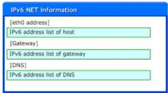 IPv6 NET Information [eth0 address] IPv6 address list of host [Gateway] IPv6 address list of gateway [DNS] IPv6 address list of DNS
