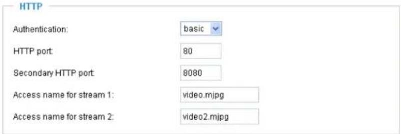 HTTP Authentication: basic HTTP port: 80 Secondary HTTP port: 8080 Access name for stream 1: video.mjpg Access name for stream 2: video2.mjpg