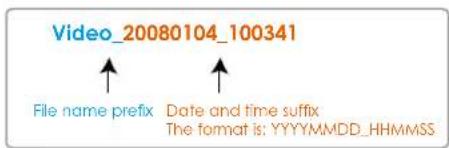 Video_20080104_100341 File name prefix Date and time suffix The format is: YYYYMMDD_HHMMSS