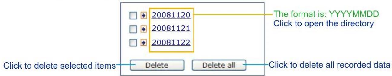 20081120 20081121 20081122 The format is: YYYYMMDD Click to open the directory Click to delete selected items Delete Delete all Click to delete all recorded data
