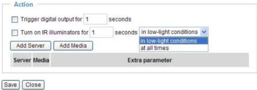 Action Trigger digital output for 1 seconds Turn on IR illuminators for 1 seconds in low-light conditions in low-light conditions at all times Add Server Add Media Server Media Extra parameter Save Close