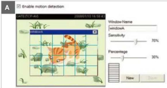Enable motion detection GATE(TCP-45) 2008/01/10 16:58:43 windowA Window Name windowA Sensitivity 70% Percentage 30% New Show
