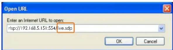 Open URL Enter an Internet URL to open: rlsp://192.168.5.151:554/ive.sdp OK Cancel