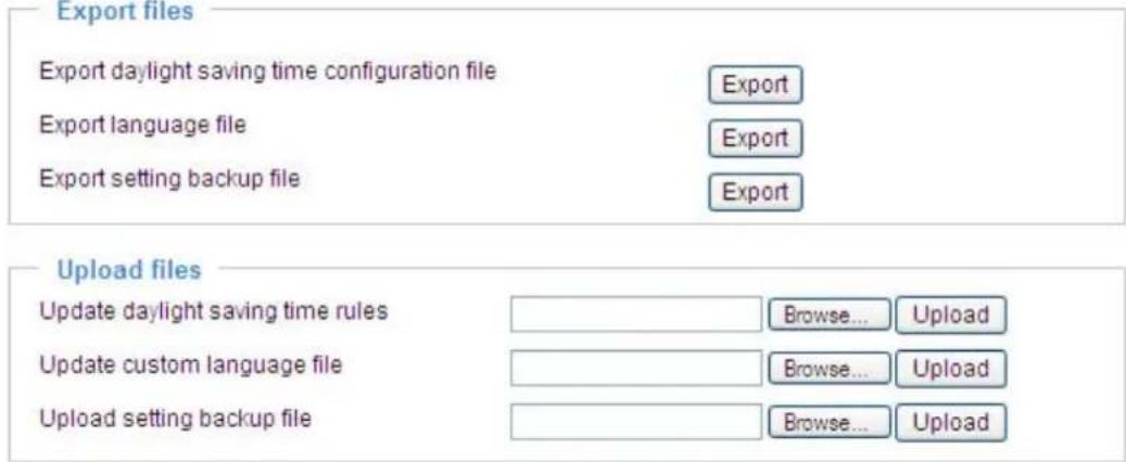 Export files Export daylight saving time configuration file Export Export language file Export setting backup file Export Upload files Update daylight saving time rules Browse... Upload Update custom language file Browse... Upload Upload setting backup file Browse... Upload
