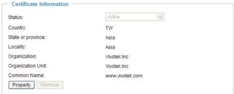 Certificate Information Status: Active Country: TW State or province: Asia Locality: Asia Organization: Vivotek.Inc Organization Unit: Vivotek.Inc Common Name: www.vivotek.com Property Remove