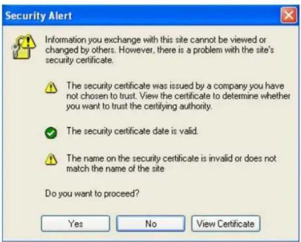 Security Alert Information you exchange with this site cannot be viewed or changed by others. However, there is a problem with the site's security certificate. The security certificate was issued by a company you have not chosen to trust. View the certificate to determine whether you want to trust the certifying authority. The security certificate date is valid. The name on the security certificate is invalid or does not match the name of the site Do you want to proceed? Yes No View Certificate