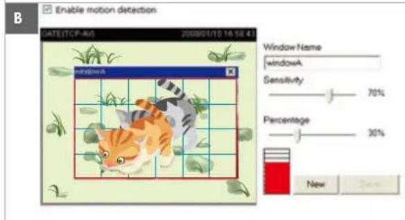 B Enable motion detection DATE(TCP-01) 2009/01/10 16:58:43 Window Name windowA Sensitivity 70% Percentage 30% New Save