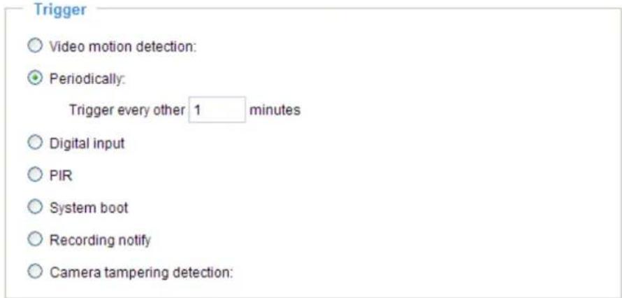Trigger ○ Video motion detection: ● Periodically: Trigger every other 1 minutes ○ Digital input ○ PIR ○ System boot ○ Recording notify ○ Camera tampering detection: