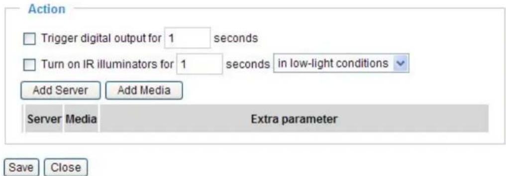 Action Trigger digital output for 1 seconds Turn on IR illuminators for 1 seconds in low-light conditions Add Server Add Media Server Media Extra parameter Save Close