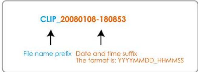 CLIP_20080108-180853 File name prefix Date and time suffix The format is: YYYYMMDD_HHMMSS