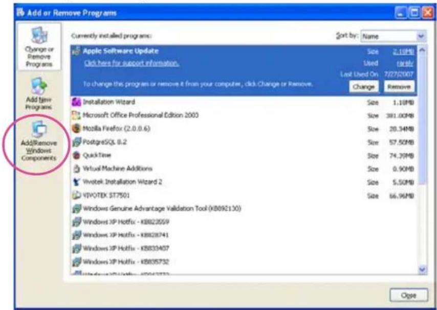 Add or Remove Programs Currently installed programs: Sort by: Name Apple Software Update Click here for support information. Size 2.10MB Used table Last Used On 7/27/2007 To change this program or remove it from your computer, click Change or Remove. Change Remove Installation Wizard Microsoft Office Professional Edition 2003 Mozilla Firefox (2.0.0.6) PostgreSQL 0.2 QuickTime Virtual Machine Additions Vivotek Installation Wizard 2 VIVOTEK $T7501 Windows Genuine Advantage Validation Tool (KB892130) Windows XP Hotfix - KB823559 Windows XP Hotfix - KB828741 Windows XP Hotfix - KB839407 Windows XP Hotfix - KB835732 Open