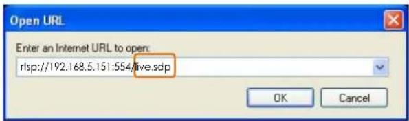 Open URL Enter an Internet URL to open: rlsp://192.168.5.151:554/live.sdp OK Cancel