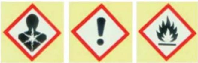 Three safety warning symbols: explosion, exclamation mark, and flame, each enclosed in a red diamond with a corresponding icon.