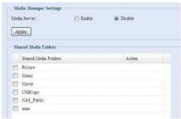 Media Manager Settings Media Server: ○ Enable ● Disable Apply Shared Media Folders Shared Media Folders Action Picture Music Movie USBCopy NAS_Public 2000