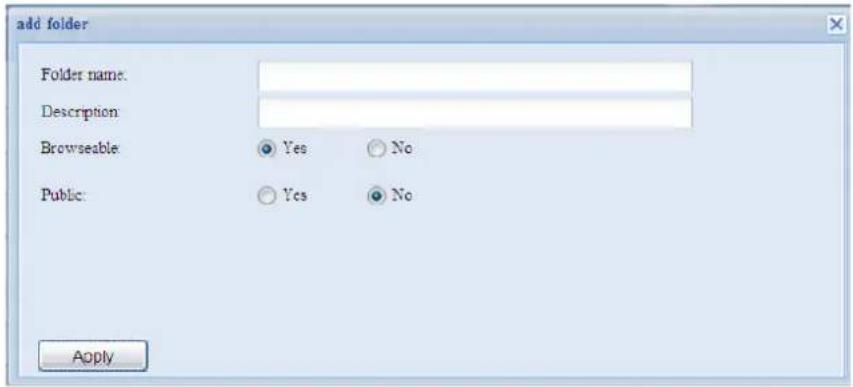 add folder Folder name: Description Browseable Yes No Public: Yes No Apply