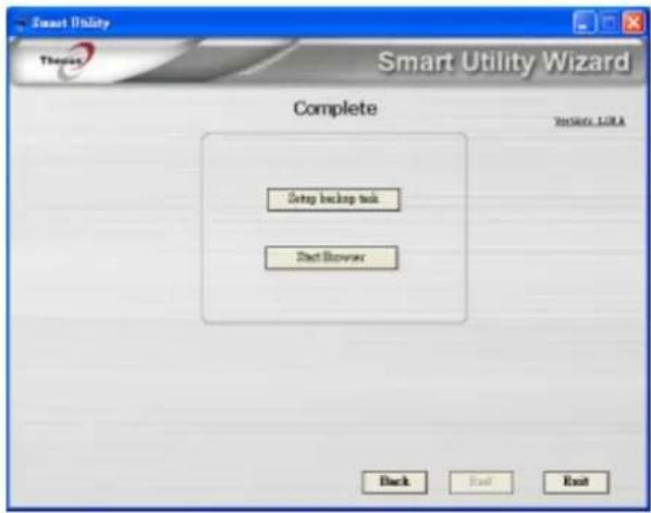 Smart Utility Theorem Smart Utility Wizard Complete Setup backup task Start Browser Back Exit Exit