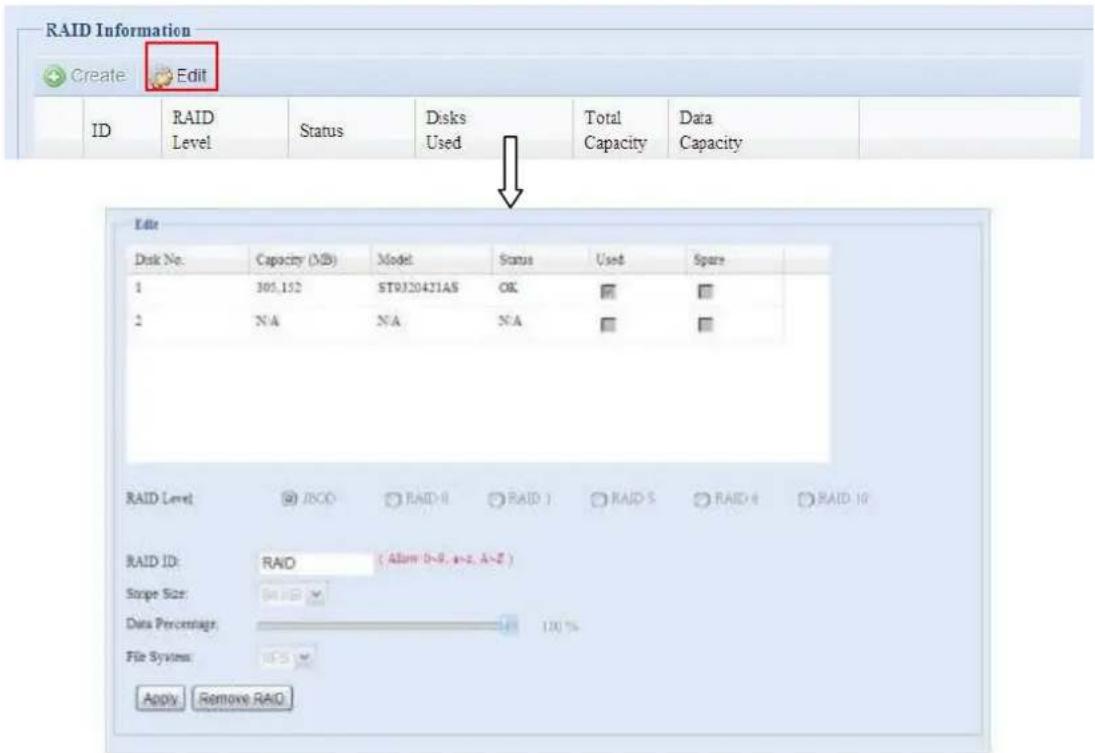 RAID Information Create Edit ID RAID Status Disks Total Data Level Used Capacity Capacity Edit Disk No. Capacity (MB) Model Status Used Spare 1 305.152 ST9J20431AS OK ✓ ✓ 2 N/A N/A N/A ✓ ✓ RAID Level ✓/BO ✓ RAID-Ⅱ ✓ RAID-Ⅰ ✓ RAID-Ⅴ ✓ RAID-Ⅵ ✓ RAID-Ⅹ RAID ID: RAID (Allow 0~9, n=2, A=2) Scope Size: ✓ ✓ ✓ Data Percentage: 100 % File System: ✓ ✓ ✓ Apply Remove RAID