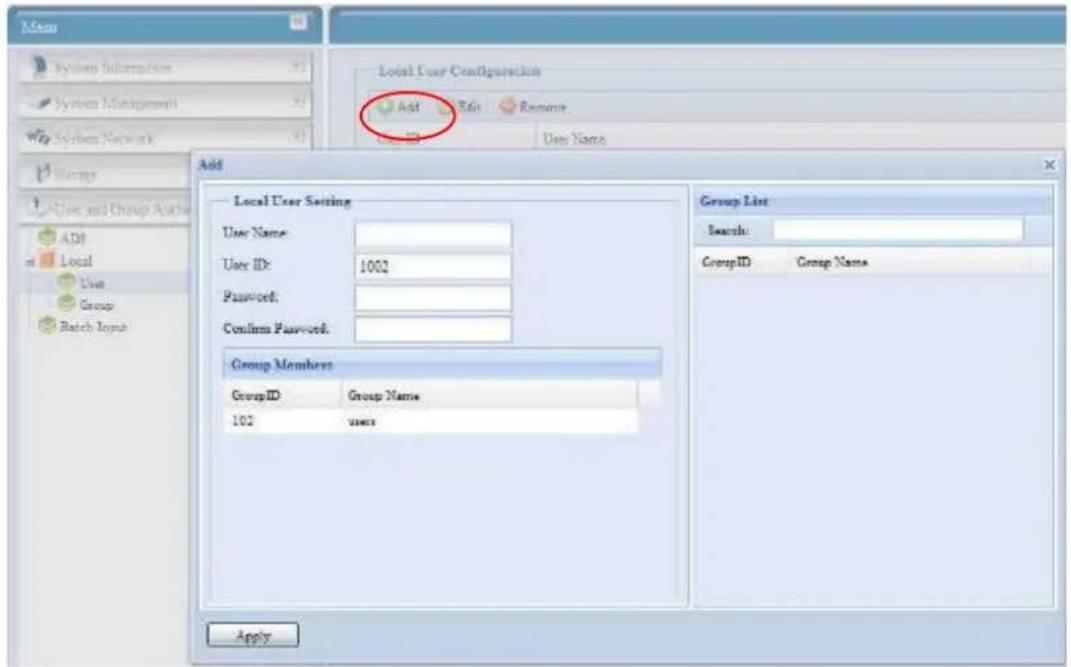 Main System Information System Management System Network Local User Configuration Add Edit Remove User Name Add Local User Setting User Name: User ID: 1002 Password: Confirm Password: Group Members GroupID Group Name 102 users Group List Search: GroupID Group Name Apply