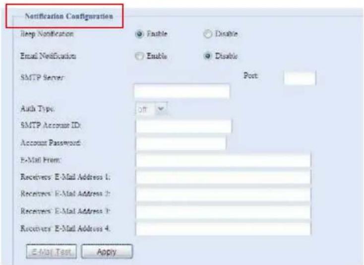 Notification Configuration Sleep Notification Enable Disable Email Notification Enable Disable SMTP Server Port: Auth Type: Off SMTP Account ID: Account Password: E-Mail From: Receivers: E-Mail Address 1: Receivers: E-Mail Address 2: Receivers: E-Mail Address 3: Receivers: E-Mail Address 4: E-Mail Test Apply