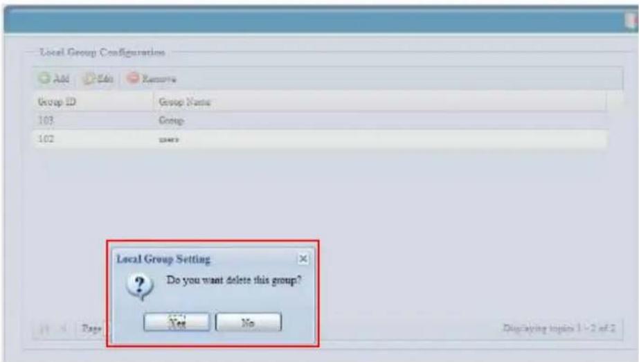 Local Group Configurations Add Edit Remove Group ID Group Name 103 Group 102 user Local Group Setting Do you want delete this group? Yes No Displaying topics 1 - 2 of 2