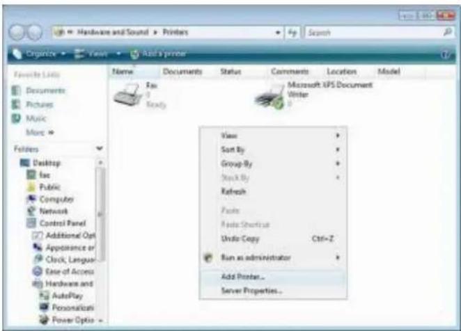 Hardware and Sound Printers Search Organize Views Add a printer Favorite Lists Documents Pictures Music More > Folders Desktop Fax Public Computer Network Control Panel Additional Opti Appearance or Clock, Language... Ease of Access Hardware and AutoPlay Personalizati Power Optio Name Documents Status Comments Location Model Microsoft XPS Document Writer View Sort By Group By Stack By Refresh Paste Audio Shortcase Undo Copy Ctrl+Z Run as administrator Add Printer.. Server Properties..