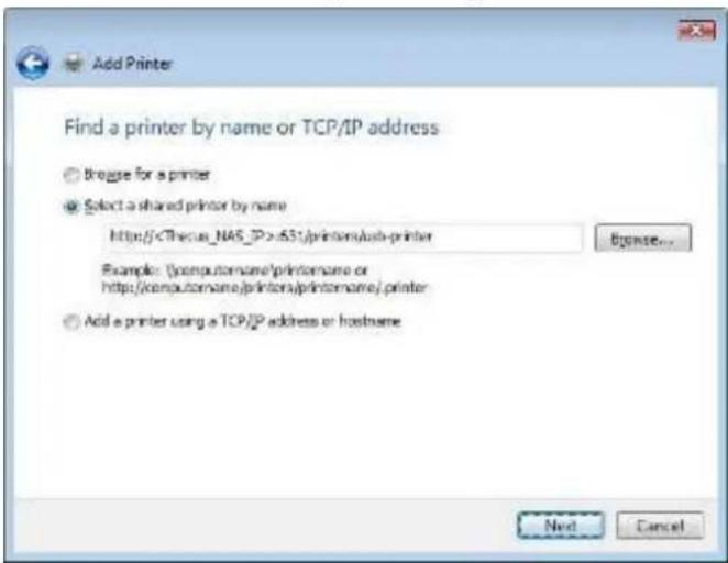 Add Printer Find a printer by name or TCP/IP address ○ bkgse for a printer ● Select a shared printer by name http://cTheus_NAS_IP>±531/printers/web-printer Browse... Example: (computername)/printname or http://computername/printers/printname/.printer ○ Add a printer using a TCP/IP address or hostname Next Cancel