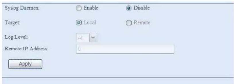 Syslog Daemon: Enable Disable Target: Local Remote Log Level: All Remote IP Address: 0 Apply