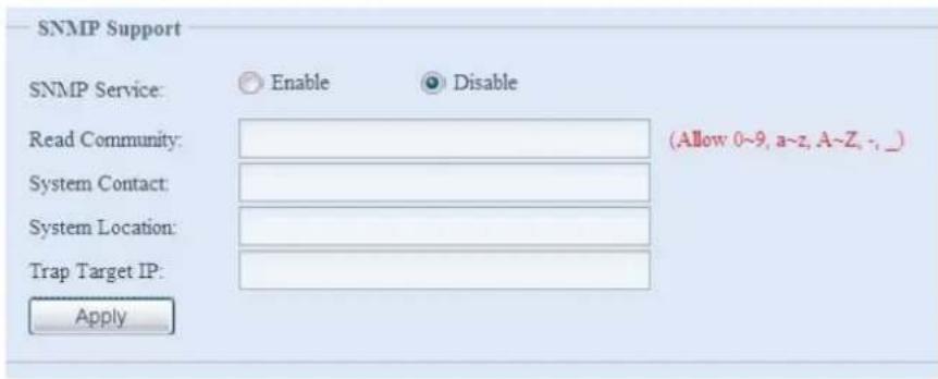 SNMP Support SNMP Service: Enable Disable Read Community: System Contact: System Location: Trap Target IP: Apply (Allow 0~9, a~z, A~Z, -, _)