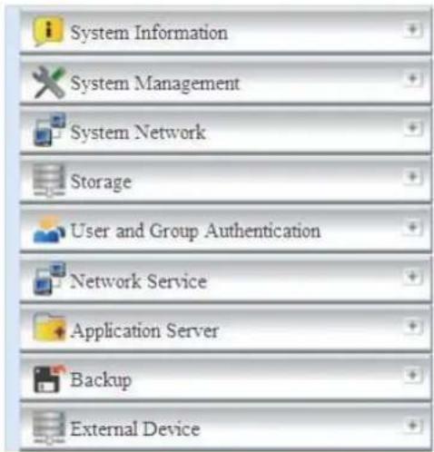 System Information System Management System Network Storage User and Group Authentication Network Service Application Server Backup External Device