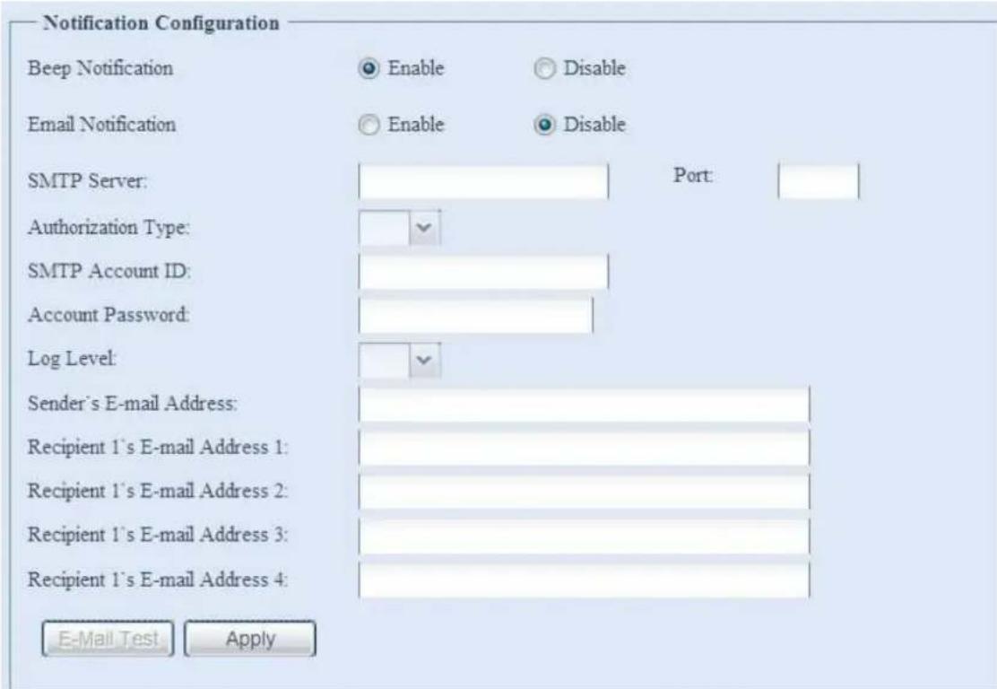 Notification Configuration Beep Notification Enable Disable Email Notification Enable Disable SMTP Server: Port: Authorization Type: ✓ SMTP Account ID: Account Password: Log Level: ✓ Sender's E-mail Address: Recipient 1's E-mail Address 1: Recipient 1's E-mail Address 2: Recipient 1's E-mail Address 3: Recipient 1's E-mail Address 4: E-Mail Test Apply