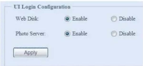 UI Login Configuration Web Disk: Enable Disable Photo Server: Enable Disable Apply