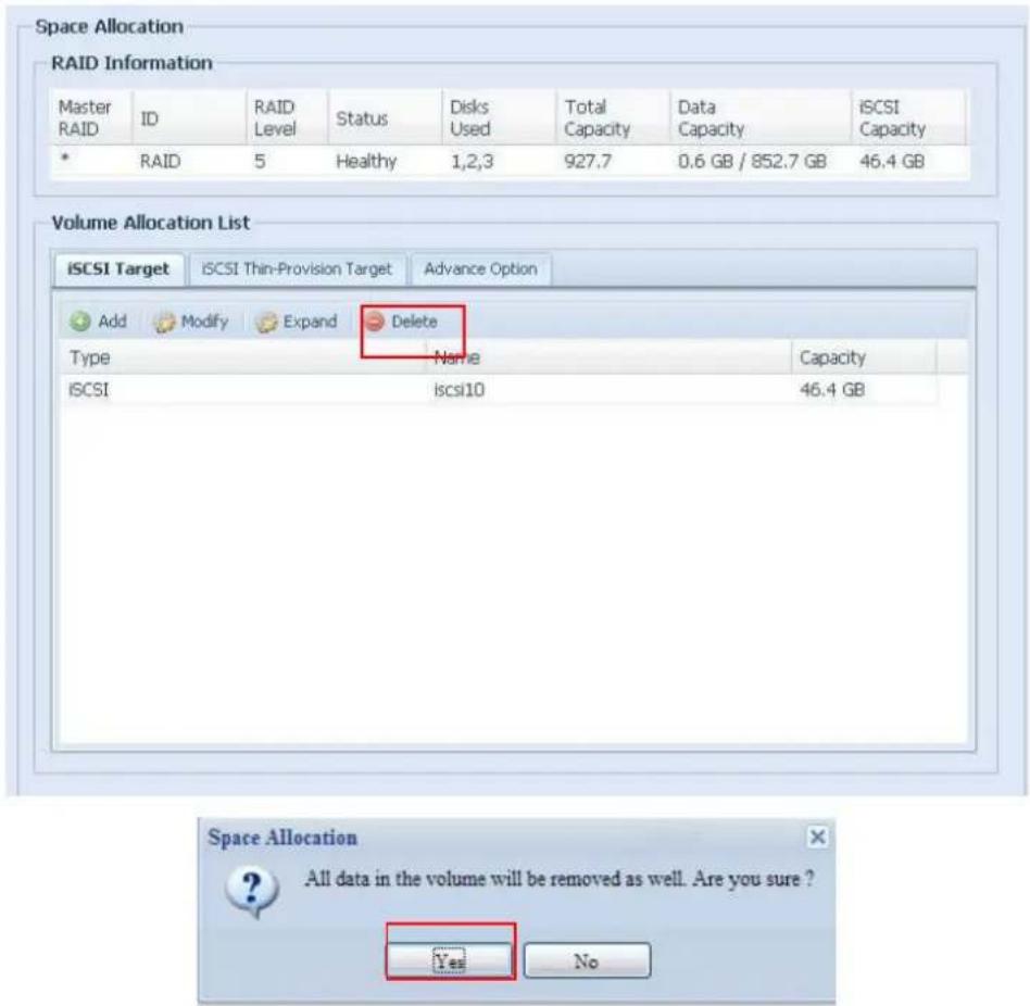 Space Allocation RAID Information Master RAID ID RAID Level Status Disks Total Data iSCSI Used Capacity Capacity * RAID 5 Healthy 1,2,3 927.7 0.6 GB / 852.7 GB 46.4 GB Volume Allocation List iSCSI Target iSCSI Thin-Provision Target Advance Option Add Modify Expand Delete Type Name Capacity iSCSI iscsi10 46.4 GB Space Allocation All data in the volume will be removed as well. Are you sure ? Yes No