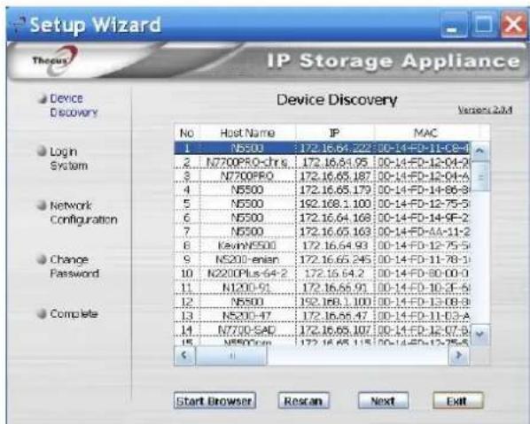 Setup Wizard IP Storage Appliance Device Discovery Version 2.04 No Host Name IP MAC 1 N5500 172.16.64.22 00-14-FD-11-C8-4 2 N7700PSO-chrs 172.16.64.95 00-14-FD-12-04-2 3 N7700PF0 172.16.65.187 00-14-FD-12-04-4 4 N5500 172.16.65.179 00-14-FD-14-66-3 5 N5500 162.168.1.100 00-14-FD-12-75-5 6 N5500 172.16.64.168 00-14-FD-14-9F-2 7 N5500 172.16.65.163 00-14-FD-AA-11-2 8 KavinNS500 172.16.64.93 00-14-FD-12-75-5 9 N5200-enian 172.16.65.245 00-14-FD-11-78-1 10 N2200PLs-64-2 172.16.64.2 00-14-FD-80-00-0 11 N1200-91 172.16.65.91 00-14-FD-10-3F-5 12 N5500 152.168.1.100 00-14-FD-13-08-9 13 N5200-47 172.16.66.47 00-14-FD-11-03-A 14 N7700-SAD 172.16.65.107 00-14-FD-12-07-B 15 N5500-com 172.16.65.115 00-14-FD-12-75-5 < - Start Browser Resan Next Exit