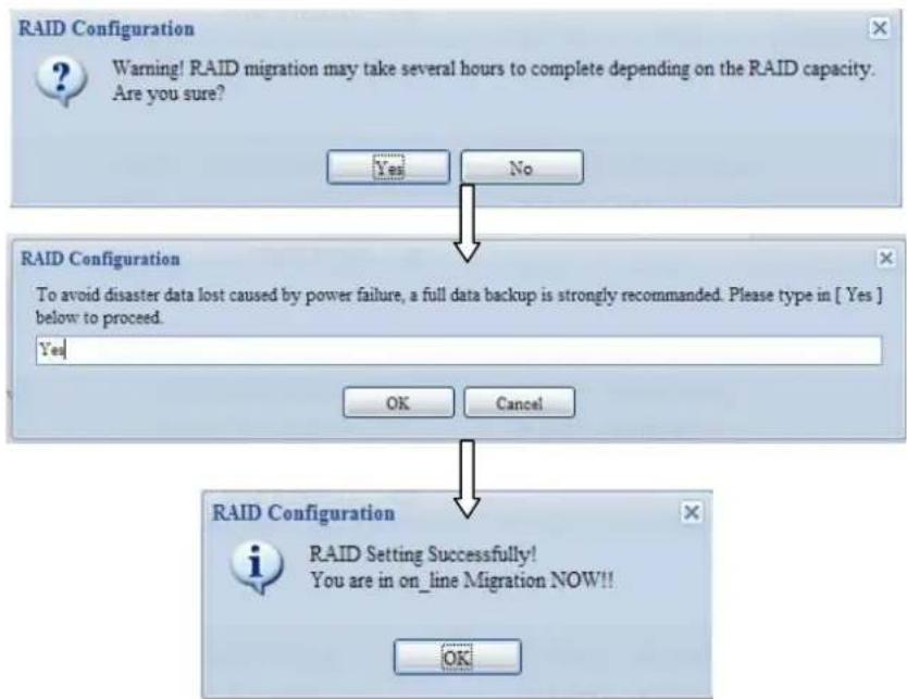 RAID Configuration Warning! RAID migration may take several hours to complete depending on the RAID capacity. Are you sure? Yes No RAID Configuration To avoid disaster data lost caused by power failure, a full data backup is strongly recommended. Please type in [ Yes ] below to proceed. Yes OK Cancel RAID Configuration RAID Setting Successfully! You are in on_line Migration NOW!! OK