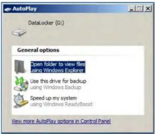 AutoPlay DataLocker (G:) General options Open folder to view files using Windows Explorer Use this drive for backup using Windows Backup Speed up my system using Windows ReadyBoost View more AutoPlay options in Control Panel