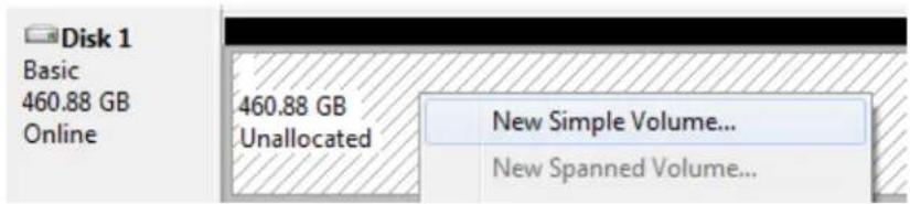Disk 1 Basic 460.88 GB Online 460.88 GB Unallocated New Simple Volume... New Spanned Volume...