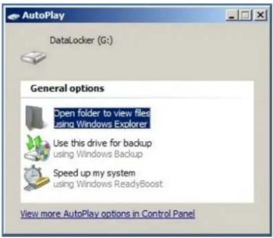 AutoPlay DataLocker (G:) General options Open folder to view files using Windows Explorer Use this drive for backup using Windows Backup Speed up my system using Windows ReadyBoost View more AutoPlay options in Control Panel