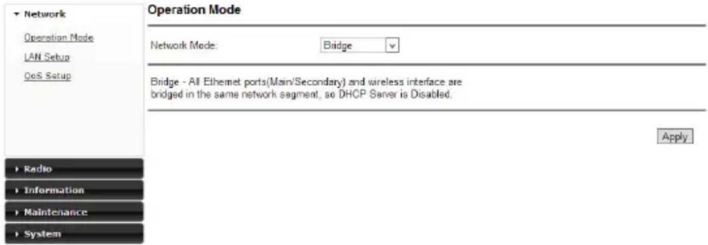 Network Operation Mode LAN Setup QoS Setup Operation Mode Network Mode: Bridge Bridge - All Ethernet ports(Main/Secondary) and wireless interface are bridged in the same network segment, so DHCP Server is Disabled. Apply Radio Information Maintenance System