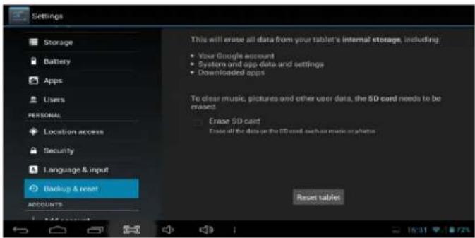Settings Storage Battery Apps Users PERSONAL Location access Security Language & input Backup & reset ACCOUNTS This will erase all data from your tablet's internal storage, including: - Your Google account - System and app data and settings - Downloaded apps To clear music, pictures and other user data, the SD card needs to be erased. - Erase SD card Ease all for data or the SD card such as music or photos Reset tablet