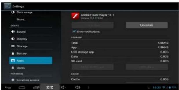 Settings Data usage More... select Sound Display Storage Battery Apps Users Personal Location access Adobe Flash Player 11.1 Version 11.1.07.03# Uninstall Show notifications Storage Total 4.56MB App 4.56MB USB storage app 0.00B Data 0.00B SD card 0.00B Cache Cache 0.00B