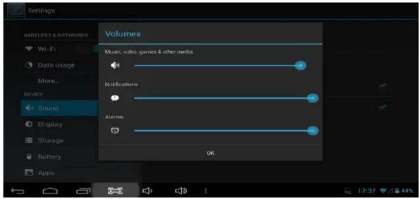 Settings WIRELESS & NETWORKS Wi-Fi Data usage More... device Sound Display Storage Battery Apps Volumes Music, video, games & other media Notifications Alarms OK