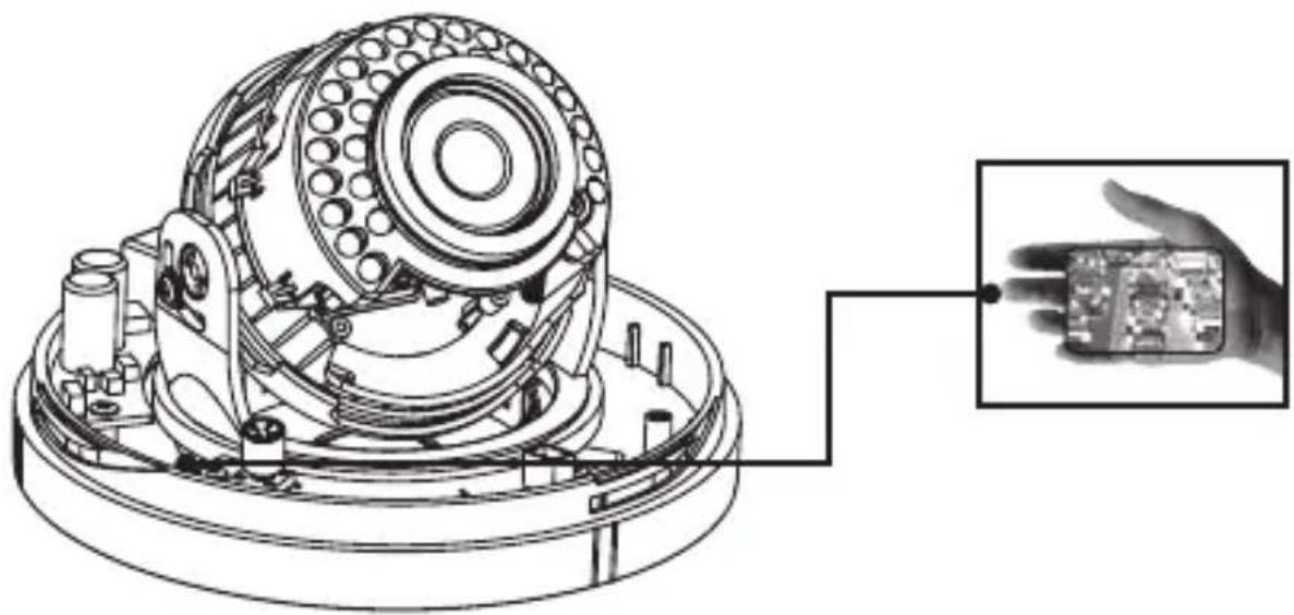 Technical line drawing of a mechanical assembly with a close-up inset showing a hand holding a circuit board (no text or symbols present)