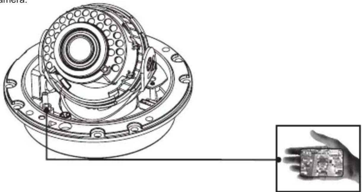 Technical line drawing of a mechanical assembly with a close-up inset showing a hand holding a small electronic component (no text or symbols present)